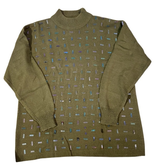 90’s Darian Olive Green Sequin Detail Crewneck Sweater Women’s Size Large - Picture 1 of 5